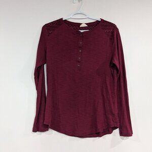 Bleu Grey Lace Detail Long Sleeve Henley Top Burgundy Size Large